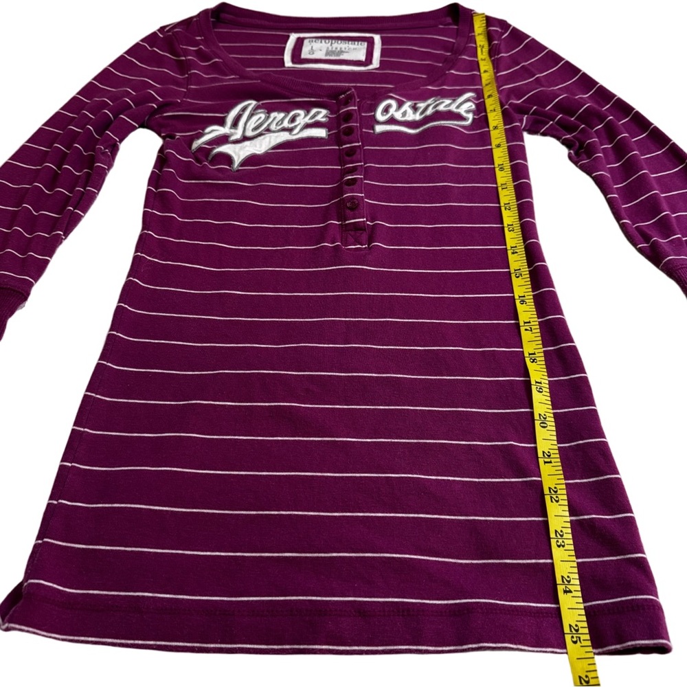 Aeropostale Burgundy Striped 3/4 Sleeve Shirt Size Large Henley Button Front - Picture 8 of 10